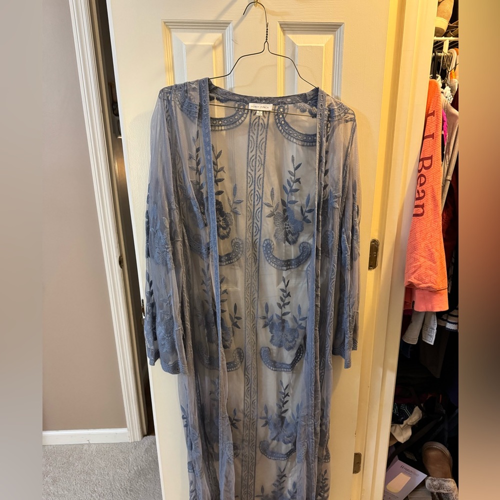 Honey Punch Dusty Blue Floral Sheer Embroidered Maxi Duster